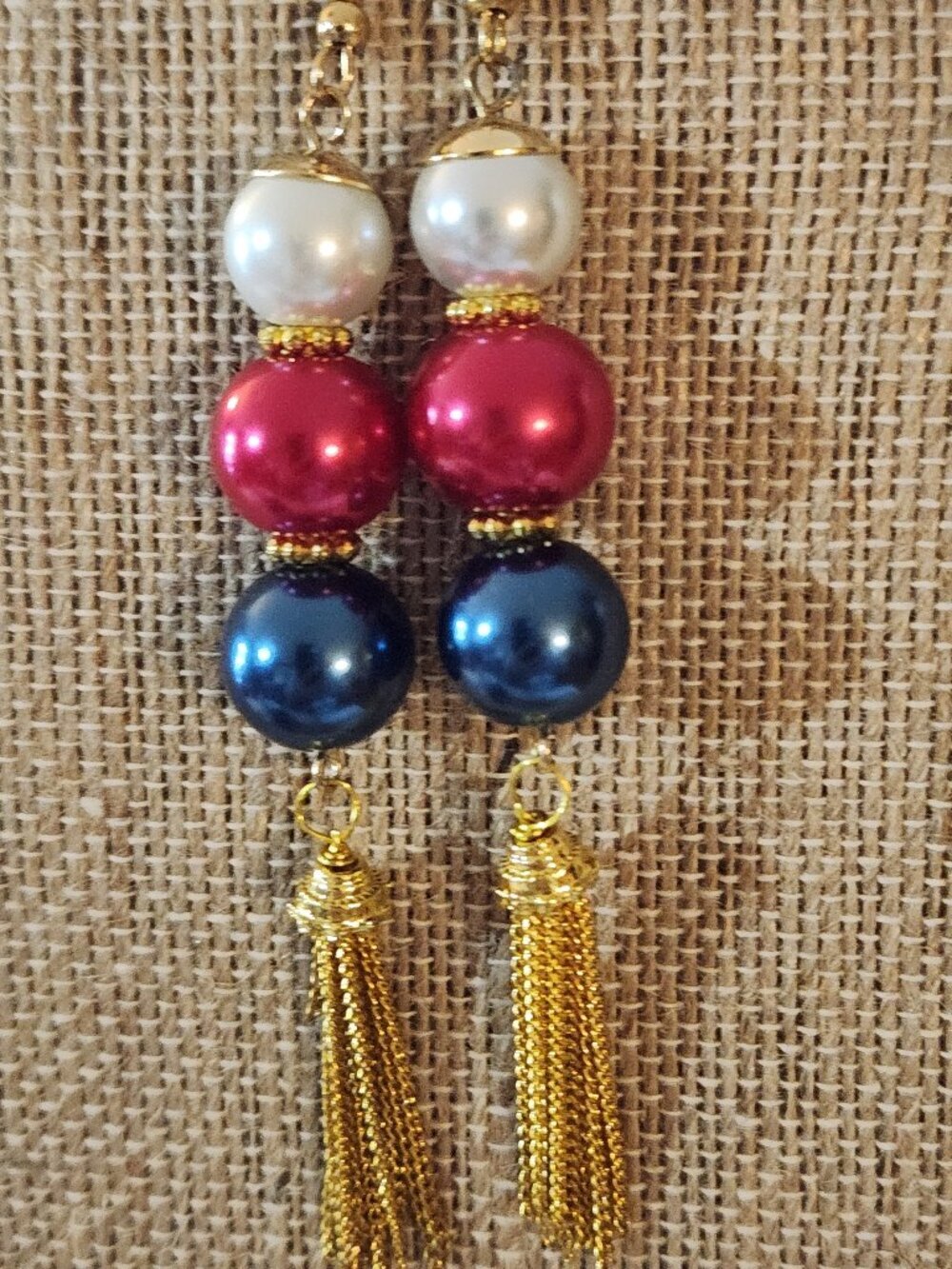Hand Crafted Pearl Beaded Dangle Earrings with Chain Fringe White Red Blue